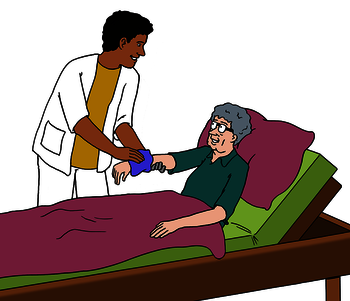 Eine ältere Dame liegt im Bett. Ein Pfleger hält ihre Hand.
